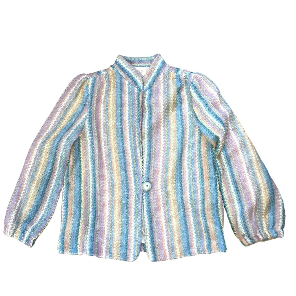 VTG Mohair Knit Sweater Jacket Blazer Costal Grandma Pastel Med Stripe Cottage